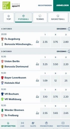 Bundesliga-Wettmärkte von HAPPYBET auf dem Smartphone